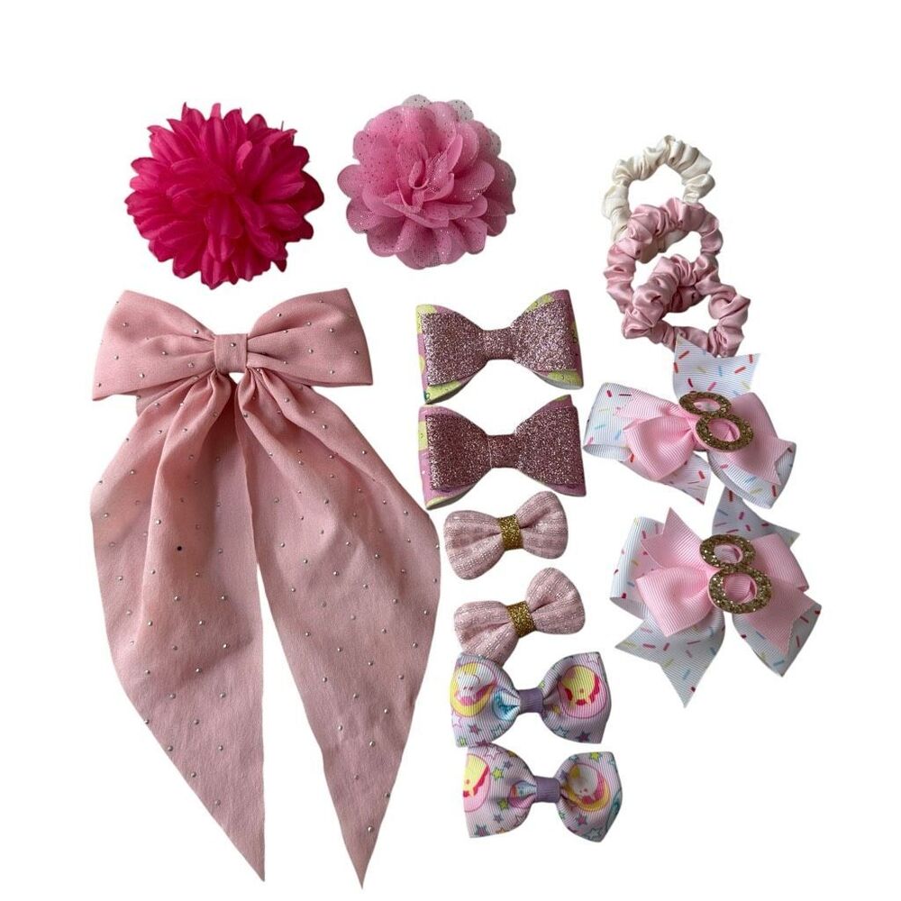 Girls Pink Hair Accessories Lot – Bows Scrunchies Flower Clips Glitter Birthday